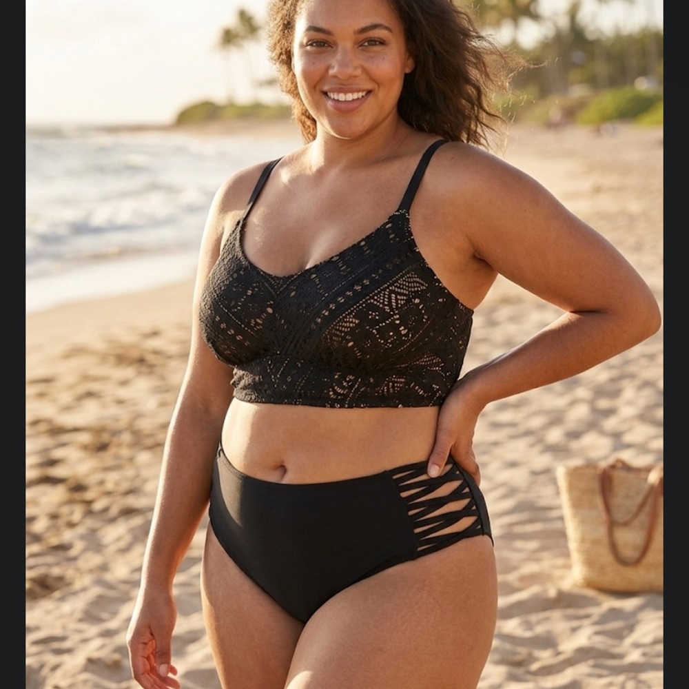 BECCA Black and Cream Lace Detail bathing suit top and bottom NWOT